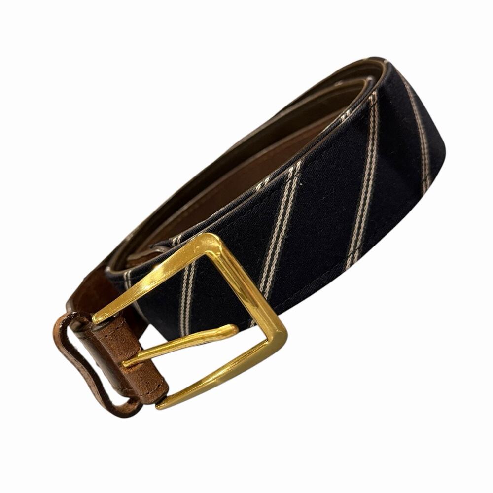 F.H. Wadsworth NYC Brass Brown Leather Belt Wool Navy Blue White Stripes 38